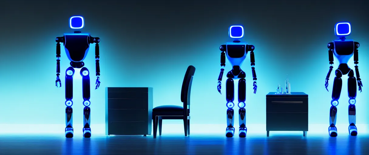 Image similar to a highly detailed photo of two futuristic matte blue and chrome full - body humanoid robots with glowing led eyes sit on large midcentury recliners facing off in an intense game of checkers. cinematic movie photograph, cinematic lighting, arri alexa, extremely detailed, smooth, very very clean, 8 k, octane render, maya render, unreal engine, trending on artstation, dslr