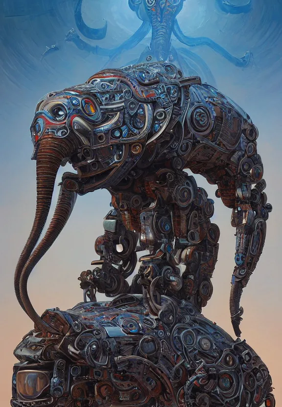 Prompt: perfectly centered portrait, front view of a beautiful biomechanical android alien robot elephant, symmetrical, concept art, intricate detail, volumetric shadows and lighting, realistic oil painting by tim hildebrandt,