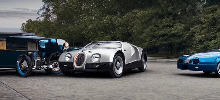 Image similar to a single bugatti type 5 7 sc atlantic and delorean hybrid, dslr, volumetric lighting