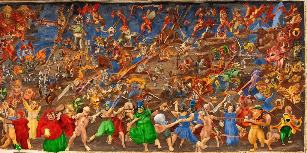 Image similar to Medieval fresco of the Doom Slayer from Doom Eternal fighting and shooting a hord of Teletubbies in hell, 4k, painted in 1530