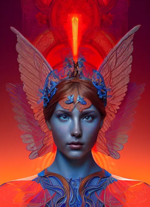 Prompt: nike godess of victory, wings, wax figure, glowing eyes, volumetric lights, red and cyan theme, art nouveau botanicals, intricate, highly detailed, digital painting, artstation, concept art, smooth, sharp focus, cinematic, illustration, beautiful face, art by artgerm and greg rutkowski and alphonse mucha