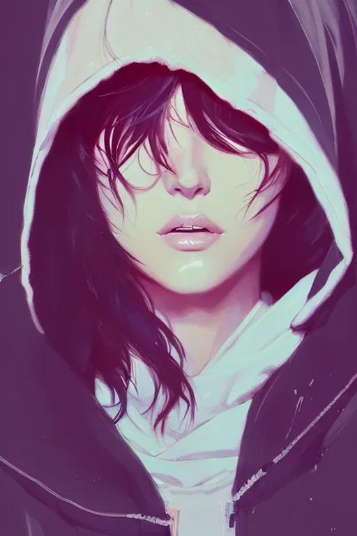 Image similar to a ultradetailed portrait painting of a stylish woman in a oversized hoodie by conrad roset, greg rutkowski and makoto shinkai trending on artstation