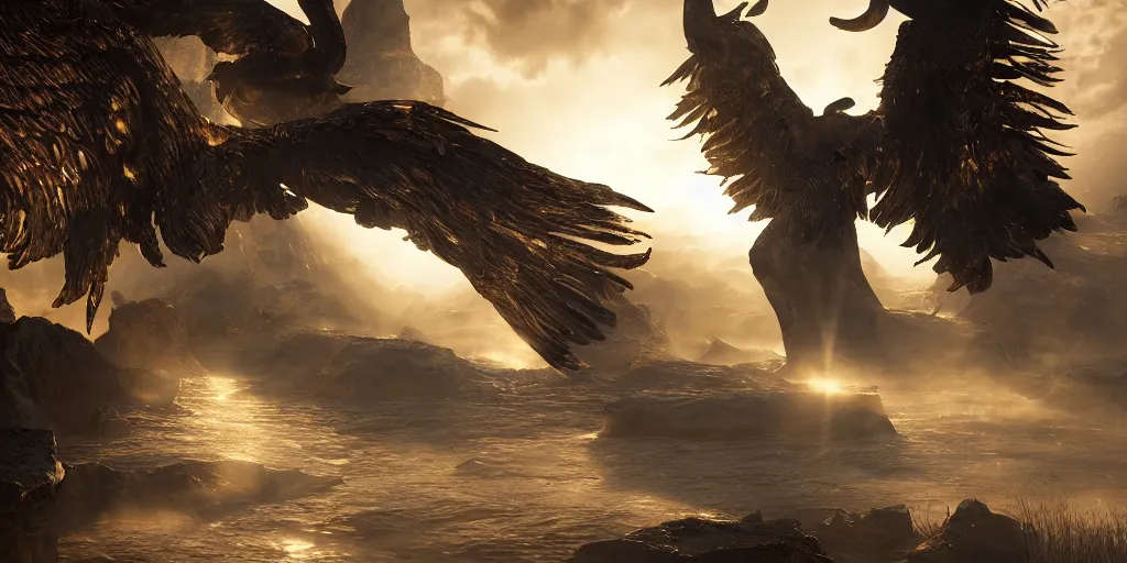 Prompt: bird wings, gold ram horns, copper goat skulls, grand imposing powerful sculpture. swirls of mist. sunrise, intense light beams, lens flare. occult photorealism, uhd, amazing depth, volumetric lighting, cinematic lighting. epic landscape.