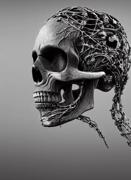 Prompt: an intricate detailed scifi skull plugged to wires by vitaly bulgarov, ivy, hardmesh, unreal engine 5, cyberpunk