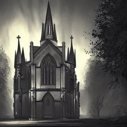 Image similar to victorian church in the middle of the city, dark, misty, at night, 8 k, detailed, concept art, trending on artstation