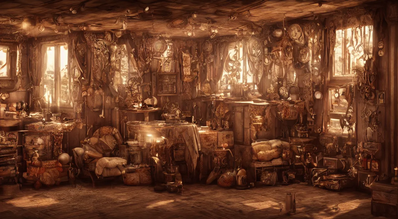 Image similar to interior of a traditional gypsy caravan, steampunk, octane render, trending on artstation