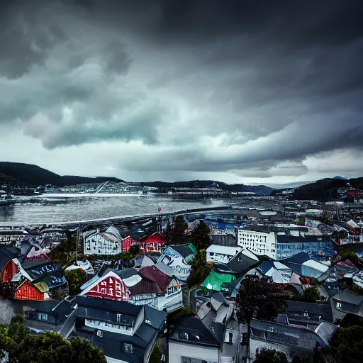 Image similar to a huge tsunami wave hits bergen, realistic, hdr, clear image, hdd, dynamic lighting, rtx on, clear image,