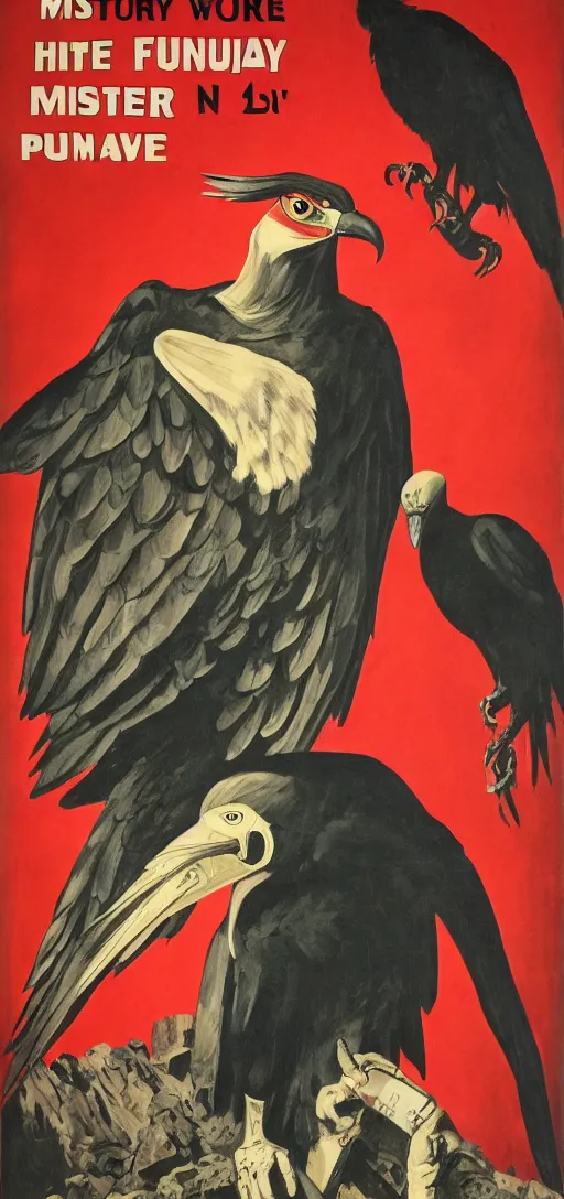 Image similar to mistery man in hood and red eyes with a knife, and a vulture, 1940s propaganda poster, full hd,highly detailed