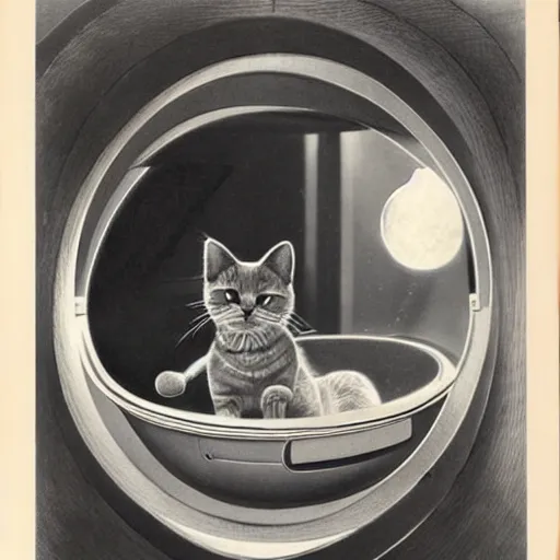 Prompt: photorealistic photograph from the 1940s of a kitty in a spaceship, realism, 1940s