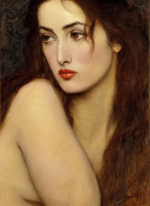 Image similar to a beautiful painting of monica bellucci by John Everett Millais and Dante Gabriel Rossetti and John Collier and john william waterhouse, pre-raphaelite, detailed, trending on artstation, hd, masterpiece