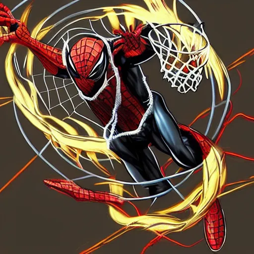 Prompt: highly detailed art of venom dunking a basketball into a loop over spider man, ultra realistic, trending in artstation