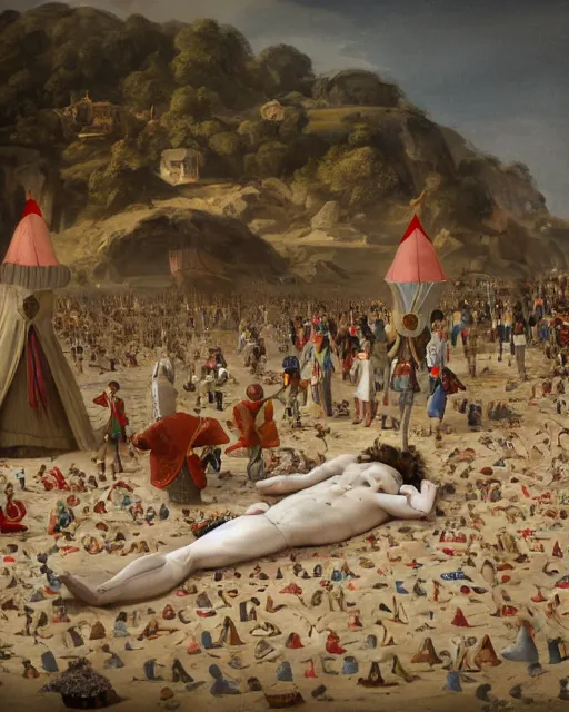 Image similar to the body of gulliver, a young man from the early 1 7 th century, lies unconscious on a lilliputian beach, surrounded by thousands of tiny lilliputians wearing strange clothes. gulliver is dressed in early 1 7 th century male clothing designed in the style of sandy powell. hyperreal and cinematic, trending on artstation, gulliver ’ s travels