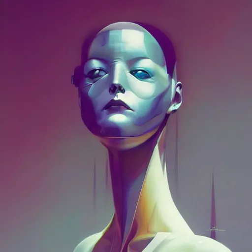 Image similar to scifi futurism automaton minimalism chrome by peter mohrbacher art Hajime Sorayama airbrush hyperrealism model abstract shatter fragments cubism futurism pastel blue soft flat minimal minimalism portrait face