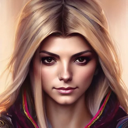 Image similar to A combination of Victoria Justice's and Ashley Greene's faces with blonde hair, western, D&D, fantasy, intricate, elegant, highly detailed, digital painting, artstation, concept art, matte, sharp focus, illustration, art by Artgerm and Greg Rutkowski and Alphonse Mucha