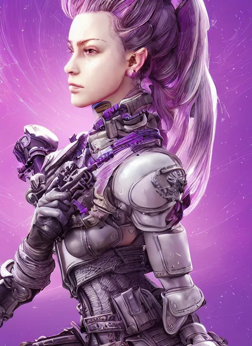 Image similar to portrait of a pale woman in power armor with purple ponytail hair, elegant, stoic, intense, ultrafine hyperdetailed illustration by kim jung gi, irakli nadar, intricate linework, sharp focus, bright colors, octopath traveler, final fantasy, hearthstone, highly rendered, global illumination, radiant light, detailed, intricate environment