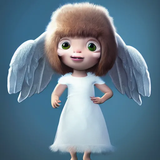 Image similar to a cute little angel monster with long fur, portrait, pixar style, heaven background, cinematic lighting, award winning creature portrait photography