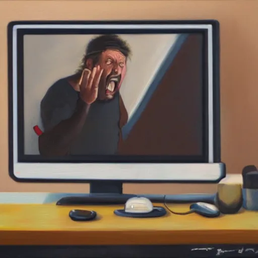 Image similar to an angry man yells at his computer monitor, oil on canvas, highly detailed, high resolution