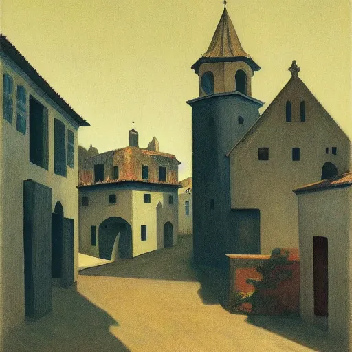 Prompt: A Spanish village. By Carl Gustav Carus, Edward Hopper. Symetrical, logo, geometric shapes.