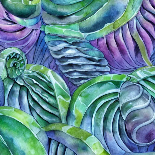 Image similar to delicate marble garden snail spiral on paper floating puffy vines botanical 1 9 2 0 herbarium botanic watercolors coastline iridescent 8 k wide angle realistic shaded fine details, artstation italian rainbow colonnade oak pinecone gardena architecture pompeii boundary wall