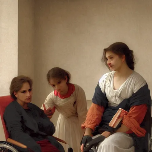Image similar to the patient was in a wheelchair in the hospital and two family members were standing by. happy, cheerful, sharp focus, artstation, cinematic, hyperdetailed, by william adolphe bouguereau