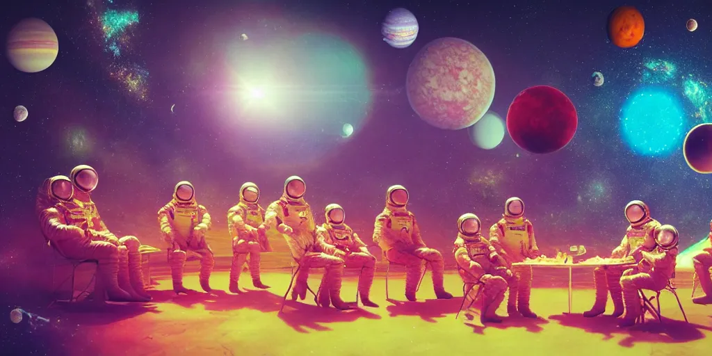 Image similar to twelve cosmonauts sitting by the river with a big holiday cake + octane render + ue 5 + planets and stars + mystical fog + psychedelic colors + trippy colors + super detail, high quality