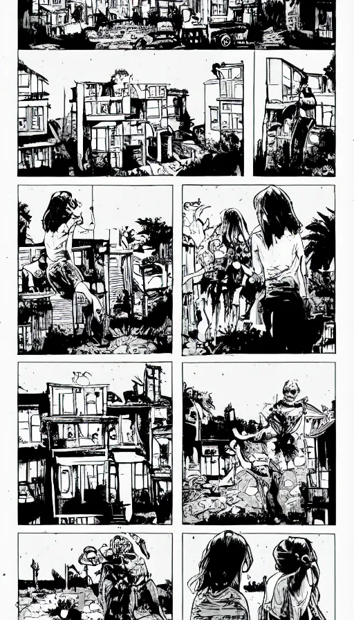 Prompt: multi - panel page from a highly detailed horror comic. city. apartment. woman. creature. terror. ink.