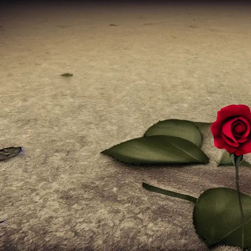 Prompt: a flower in a wasteland, one single flower, red rose, destroyed swampland, ultra - realistic, 4 k, gray background, dead trees, one lone flower, concept art,