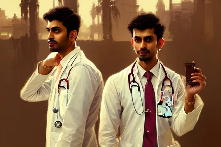 Image similar to Anxious good looking pale young Indian doctors wearing American clothes at the airport, portrait, elegant, intricate, digital painting, artstation, concept art, smooth, sharp focus, illustration, art by artgerm and greg rutkowski and alphonse mucha