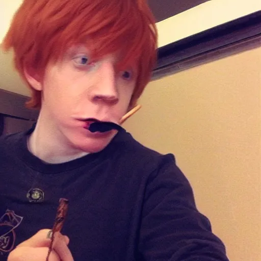 Prompt: Ron Weasley smoking a fat blunt, selfie 9mm