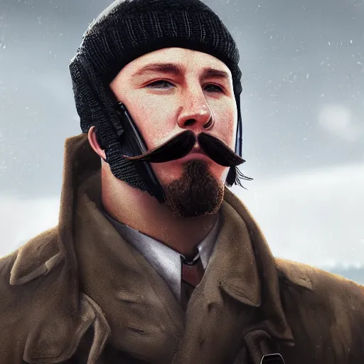 Prompt: portrait of channing tatum with big handlebar moustache, wearing ww 1 clothes in black furry black beanie on head, russian villages at background, style ivan talavera and artgerm, radiant lighting, hyper realistic, photorealistic, octane render, trending on artstation, cgsociety, cinematic light, global illumination