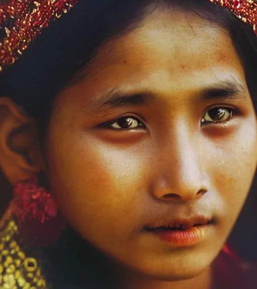 Prompt: vintage_closeup portrait_photo_of_a_stunningly beautiful_nepalese_maiden with amazing shiny eyes in the himalayan mountains by Annie Leibovitz