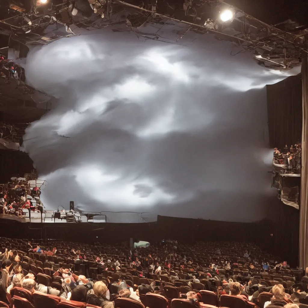 Image similar to a photograph of a tornado on a theater stage