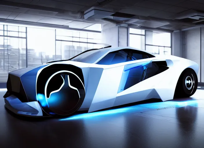 Image similar to cyberpunk concept inspired sports car, futuristic look, aerodynamic detailed body, highly detailed, photorealistic camera shot, bright studio setting, studio lighting, crisp quality and light reflections, unreal engine 5 quality render