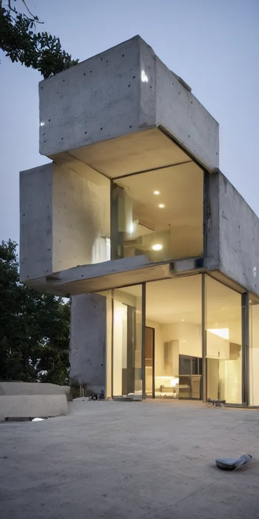 Prompt: a night photo of a minimalist contemporary house with large, bright windows. A family can be seen in the house windows. The house is made from concrete that like tafuri stone. The concrete has large holes and deep crevices that glow warmly in the night air. There is a party and the house is crowded with many people. The house is standing upright. The house is centered in the frame. The house has a starry sky above it. Moss is growing in the hundreds of eroded crevices.