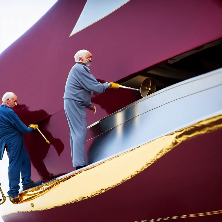 Image similar to wrinkled hunchbacked old man in musty burgundy suit, polishing painting the side of a huge gold plated mega yacht with a cloth, maintenance photo