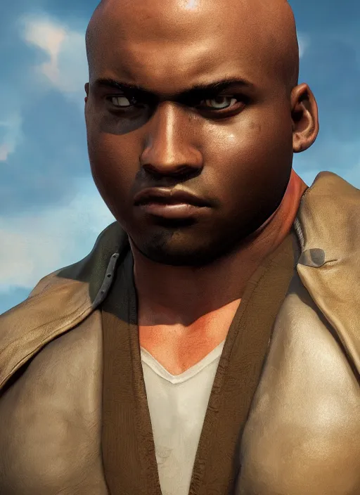 Prompt: An epic fantasy comic book style portrait painting of a young dark skinned thief with broad shoulders and a bald head in a vest, unreal 5, DAZ, hyperrealistic, octane render, cosplay, RPG portrait, dynamic lighting