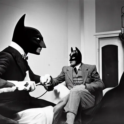 Image similar to photo of batman in an interview, photo taken by nina leen