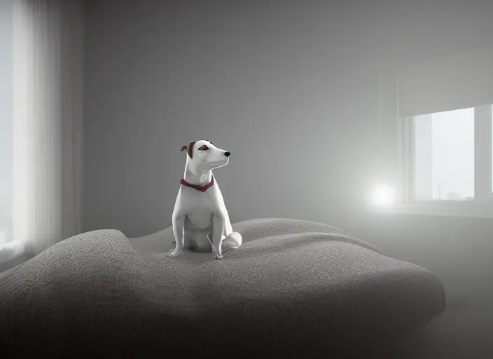 Image similar to photography of a Jack Russel watching outside the window on a bed in a 3d rendered white room, octane render, 3d, foggy, volumetric light, volumetric fog, photorealistic, unreal engine 5