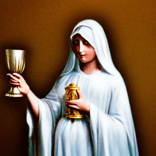Prompt: Mother Mary holding a chalice filled with white goo