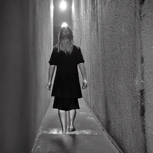 Prompt: film still of a girl walking through liminal space, black and white