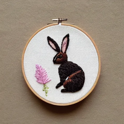 Prompt: a tiny beautiful handmade embroidery of a rabbit. hand embroidery.