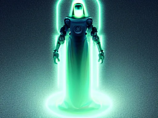 Image similar to a gray faceless figure, ascended, robot wizard, NPC with a saint\'s halo, saintly halo behind their head made of neon filigree, consulting the cyber oracle of all knowledge, at the end of time, in an esoteric ritual exchange of physical code, 8k, 4k, unreal 5, DAZ, trending on artstation, octane render, abstract painting, bright blue future