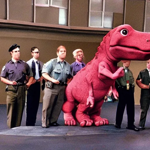 Prompt: Barney the Dinosaur in a Police lineup