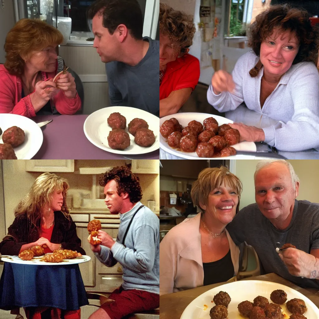 Prompt: Sandy is eating meatballs with Tommy. She wanted to tell him that she loves him but she was rejected. It\'s a rainy day.