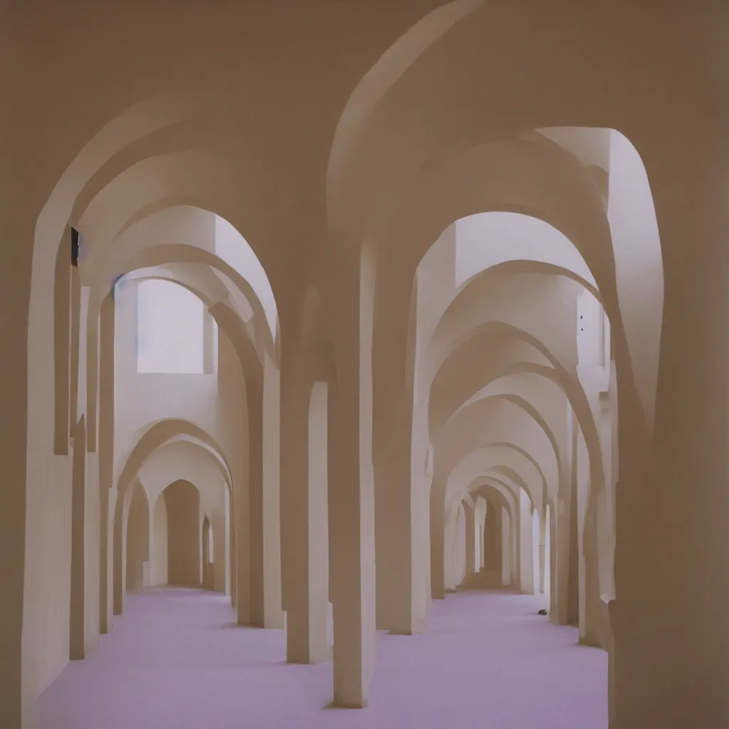 Prompt: photograph of a hallway with multiple arches, pastel hues, minimalist, 50mm, pentax, film