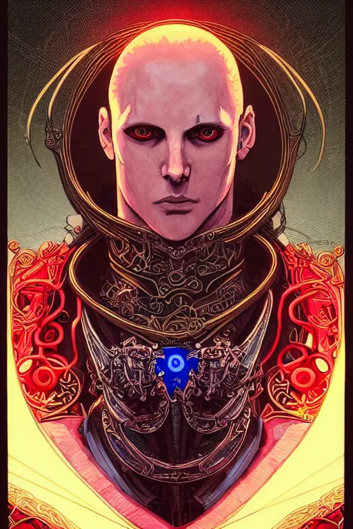 Prompt: a stunning and hypnotic full-color art nouveau and cyberpunk styled bust portrait of elric as a godlike and stoic chaos king, with violent conquering red eyes, extremely detailed aquiline facial structure, art nouveau cybernetic armor and an intricately detailed black sword of magical power, perfectly symmetrical albino facial structure and linework, handsome alien facial characteristics, by travis charesyt, michael kaluta, michael whelan and bill sienkiewicz, dark sci-fantasy, deep complexity, male face and bust, sci-fi character concept, photorealism, art nouveau framing, stunning lighting, hyperrealism, 8k