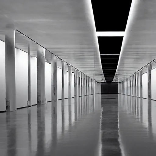 Prompt: dystopian underground prison, white walls, shiny floors, minimalist, stunning, light and shadows, catwalks