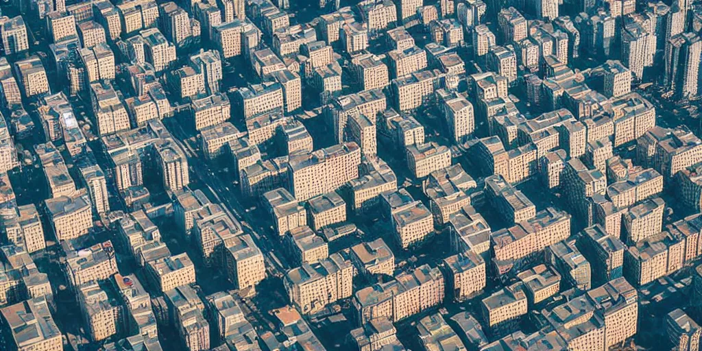 Image similar to bird's eye view photograph of a low income highrise geometric Russian city, apartments, train station, avenues. Square with a statue of leader