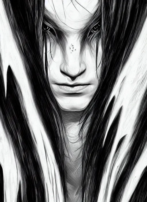 Prompt: digital _ painting _ of _ the grudge horror black and white _ by _ filipe _ pagliuso _ and _ justin _ gerard _ symmetric _ fantasy _ highly _ detailed _ realistic _ intricate _ port