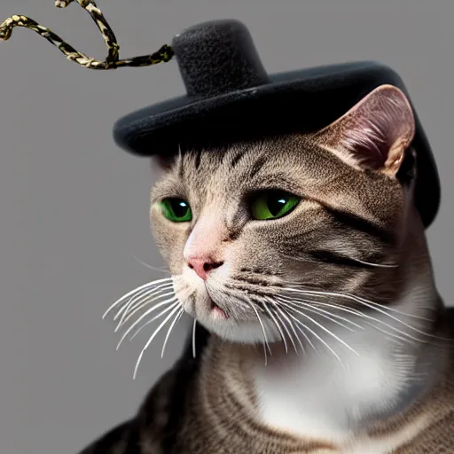 Prompt: ultra realistic cat smoking cigarette wearing mafia hat, ultra realistic, 8 k resolution, detailed, real life